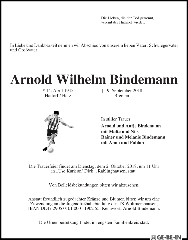 Traueranzeige von Arnold Wilhelm Bindemann von WESER-KURIER