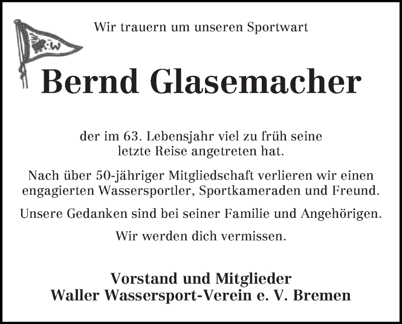 Traueranzeige von Bernd Glasemacher von WESER-KURIER