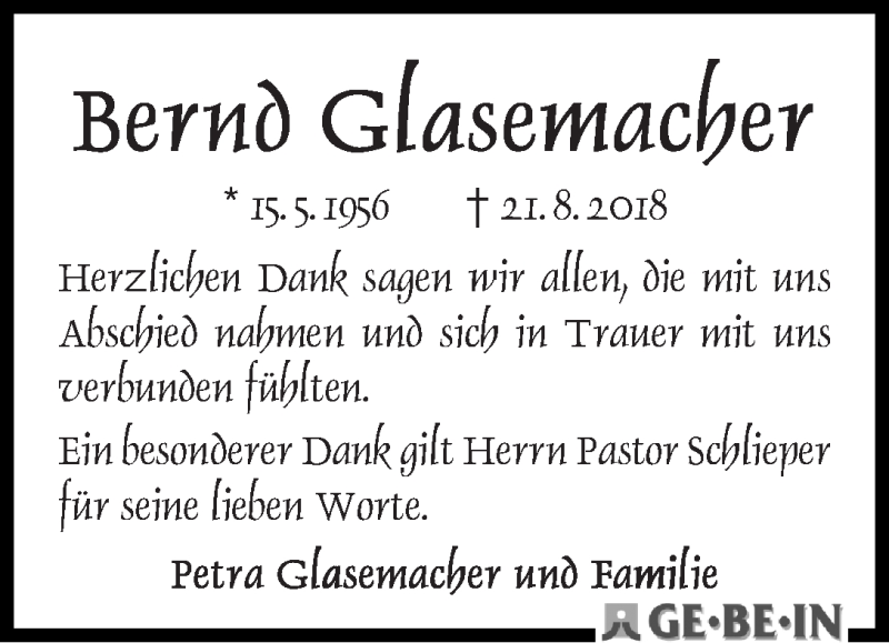 Traueranzeige von Bernd Glasemacher von WESER-KURIER