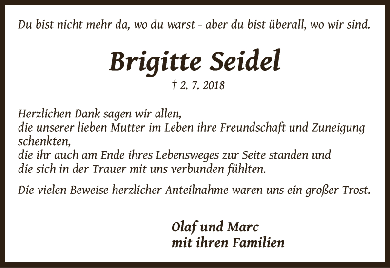 Traueranzeige von Brigitte Seidel von WESER-KURIER