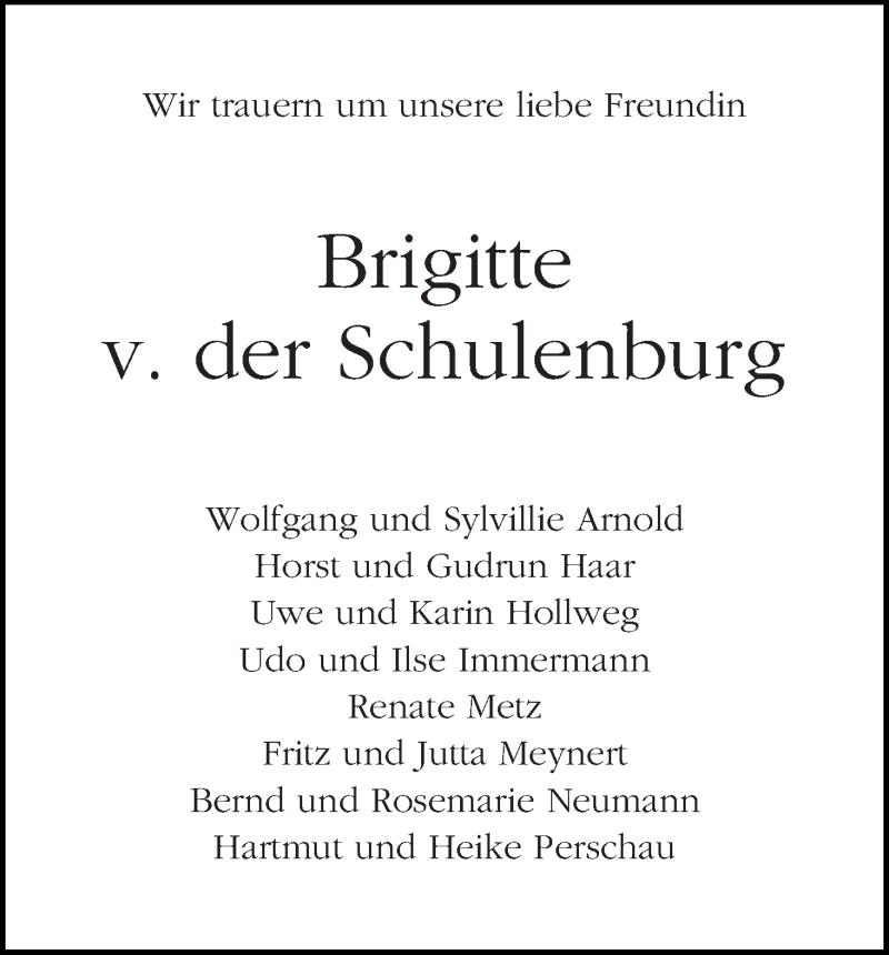 Traueranzeige von Brigitte v. der Schulenburg von WESER-KURIER