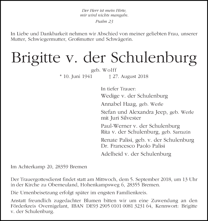 Traueranzeige von Brigitte v. der Schulenburg von WESER-KURIER