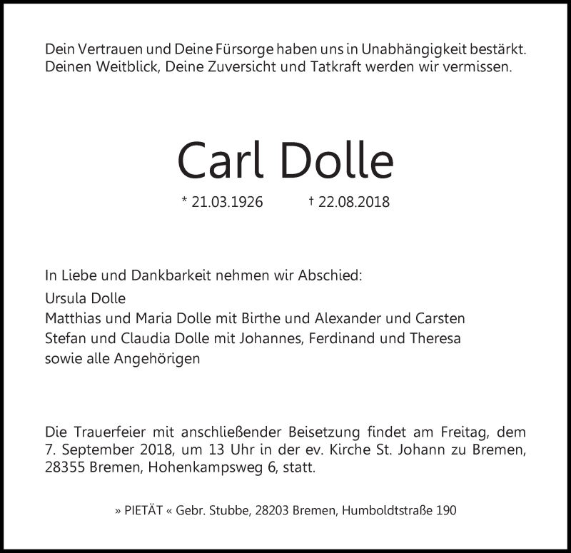 Traueranzeige von Carl Dolle von WESER-KURIER