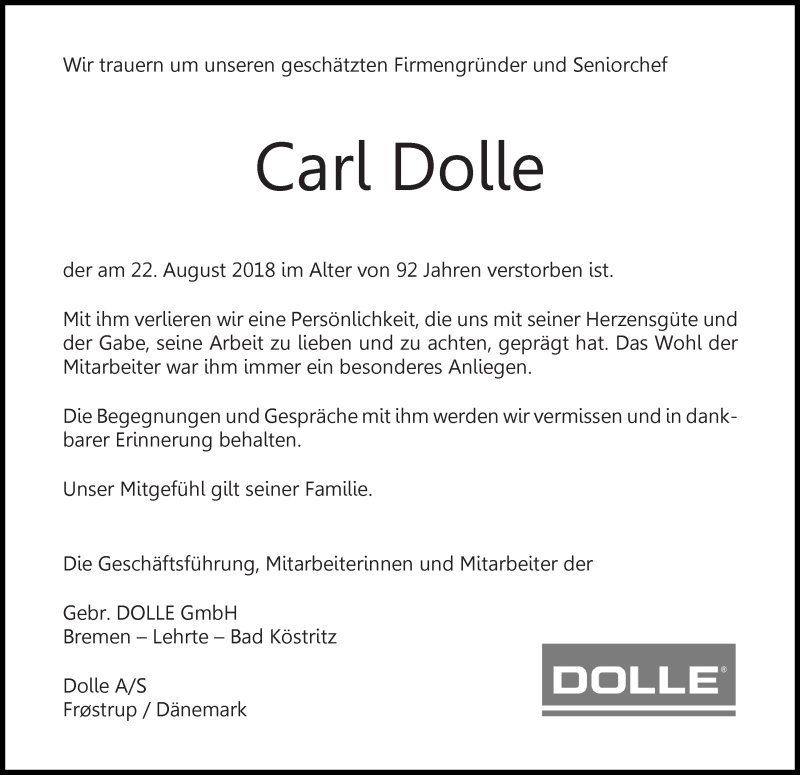 Traueranzeige von Carl Dolle von WESER-KURIER