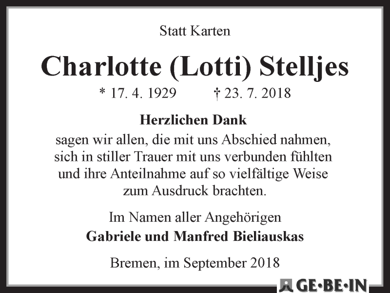 Traueranzeige von Charlotte (Lotti) Stelljes von WESER-KURIER