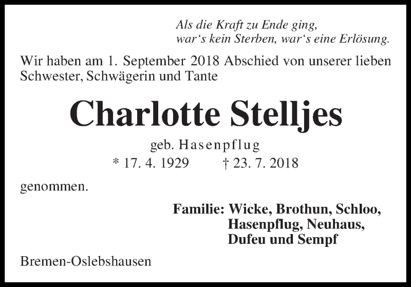 Traueranzeige von Charlotte Stelljes von WESER-KURIER