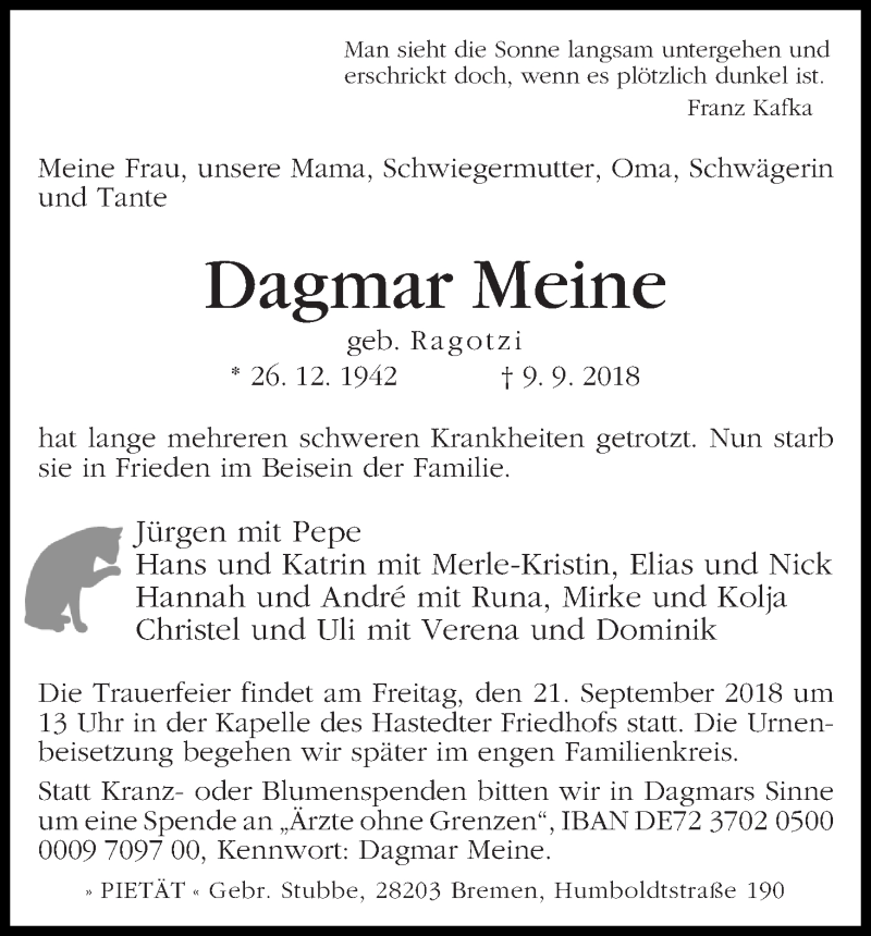 Traueranzeige von Dagmar Meine von WESER-KURIER