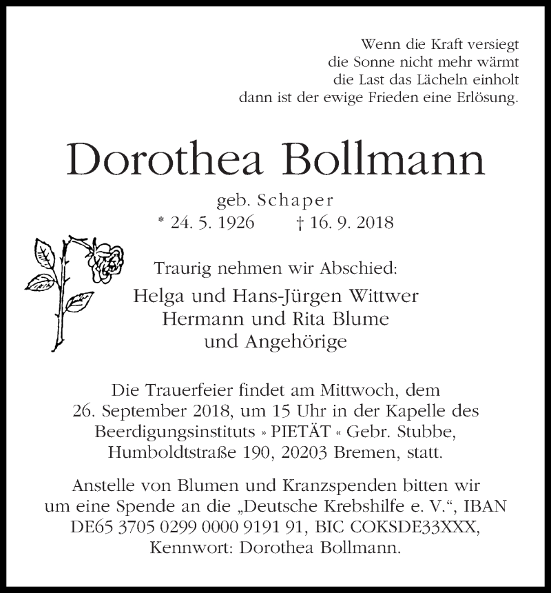 Traueranzeige von Dorothea Bollmann von WESER-KURIER