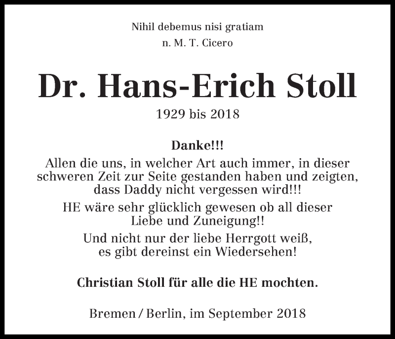 Traueranzeige von Dr. Hans-Erich Stoll von WESER-KURIER