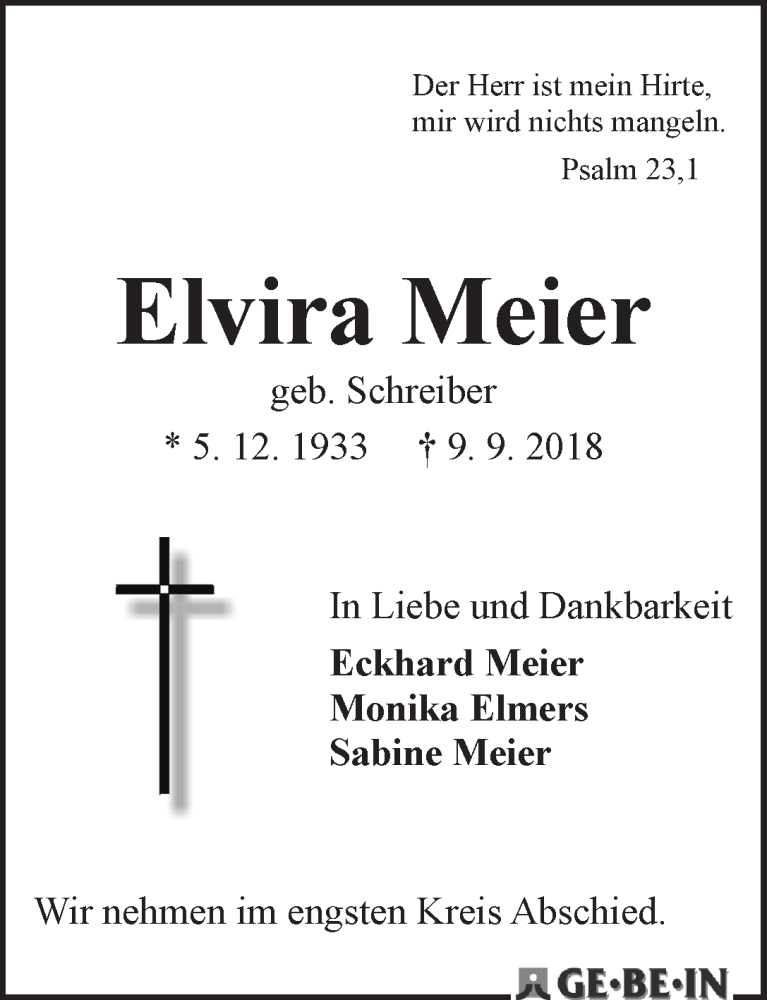 Traueranzeige von Elvira Meier von WESER-KURIER