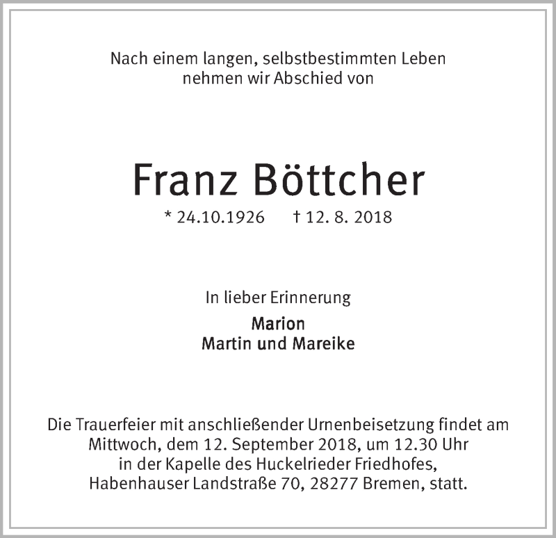 Traueranzeige von Franz Böttcher von WESER-KURIER