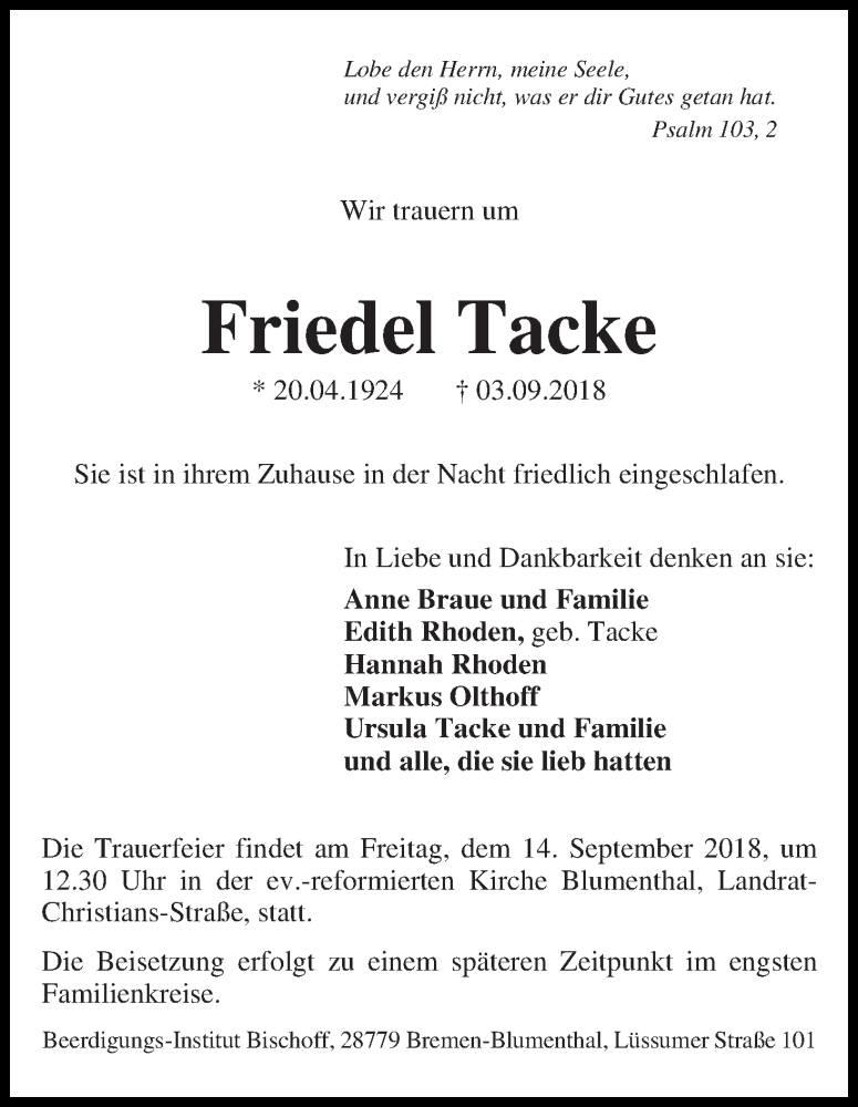 Traueranzeige von Friedel Tacke von Die Norddeutsche