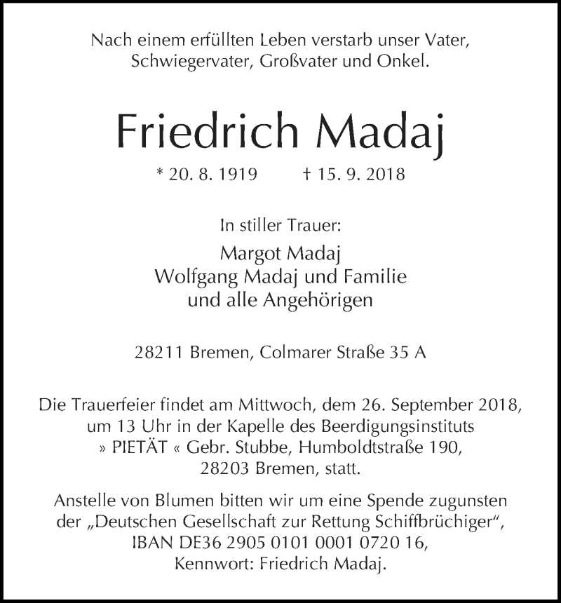 Traueranzeige von Friedrich Madaj von WESER-KURIER