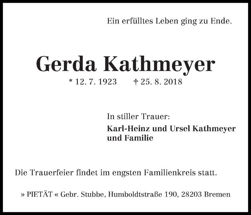 Traueranzeige von Gerda Kathmeyer von WESER-KURIER