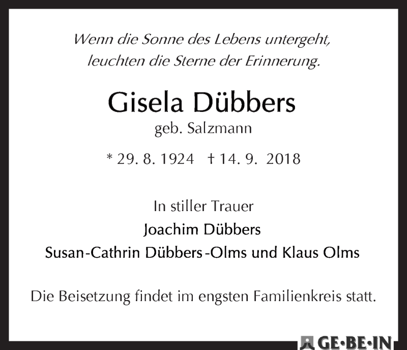 Traueranzeige von Gisela Dübbers von WESER-KURIER