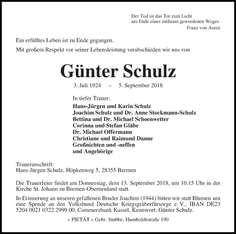 Traueranzeige von Günter Schulz von WESER-KURIER