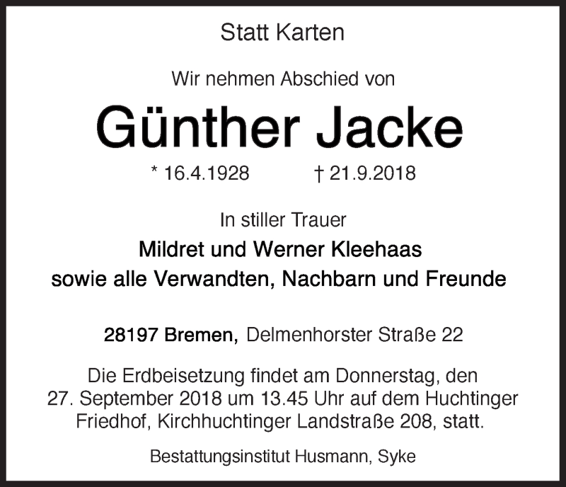 Traueranzeige von Günther Jacke von WESER-KURIER