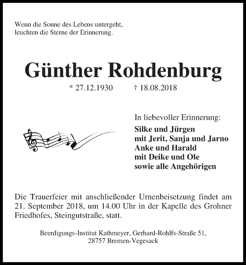 Traueranzeige von Günther Rohdenburg von Die Norddeutsche