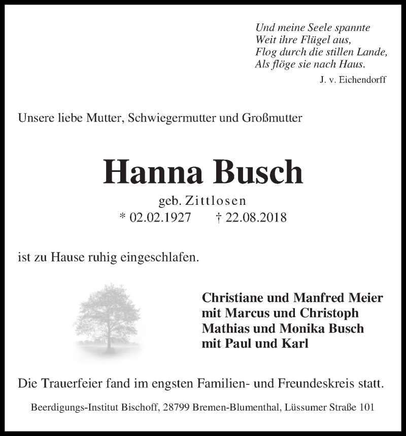Traueranzeige von Hanna Busch von Die Norddeutsche