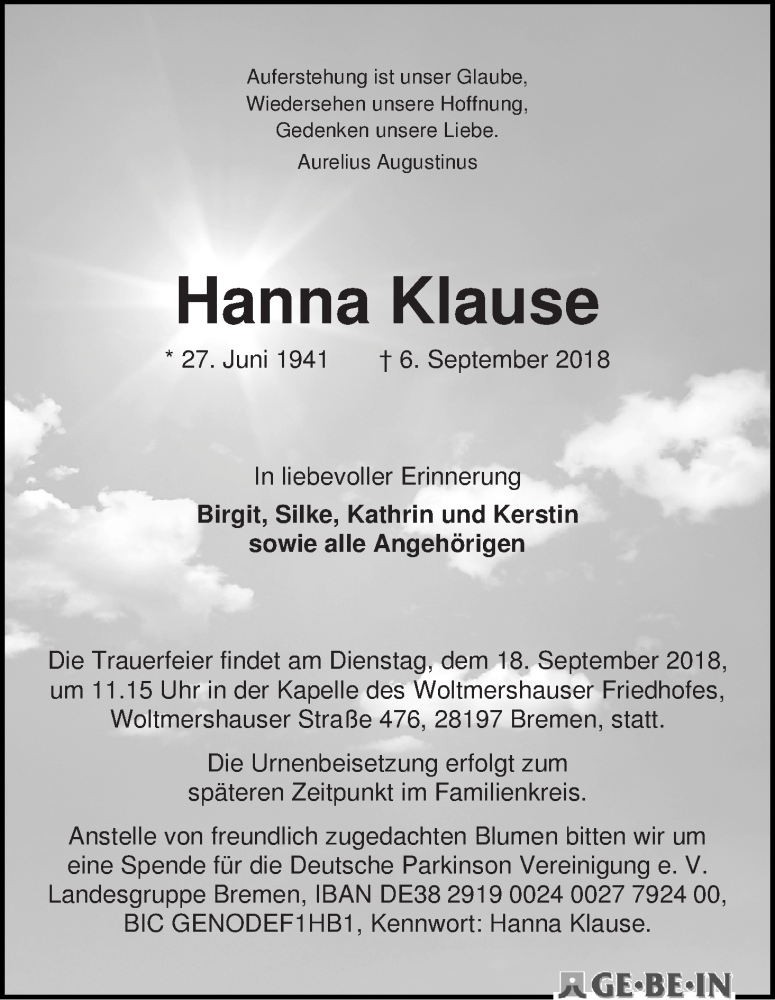 Traueranzeige von Hanna Klause von WESER-KURIER