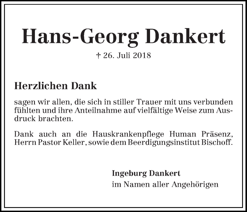 Traueranzeige von Hans-Georg Dankert von Die Norddeutsche
