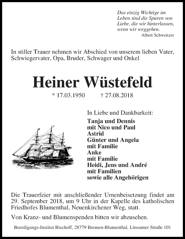 Traueranzeige von Heiner Wüstefeld von Die Norddeutsche