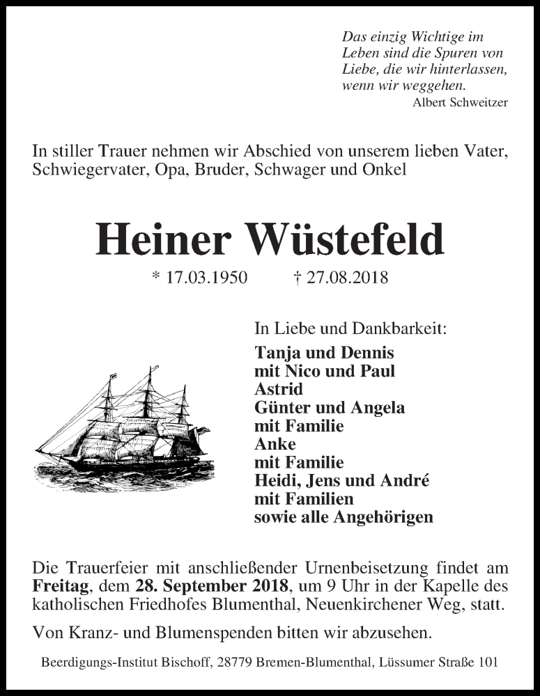 Traueranzeige von Heiner Wüstefeld von Die Norddeutsche
