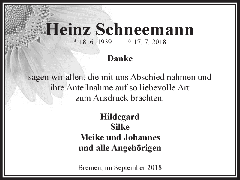 Traueranzeige von Heinz Schneemann von WESER-KURIER