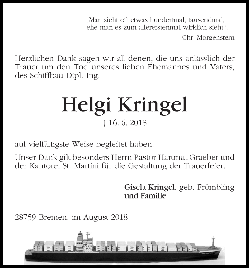 Traueranzeige von Helgi Kringel von Die Norddeutsche