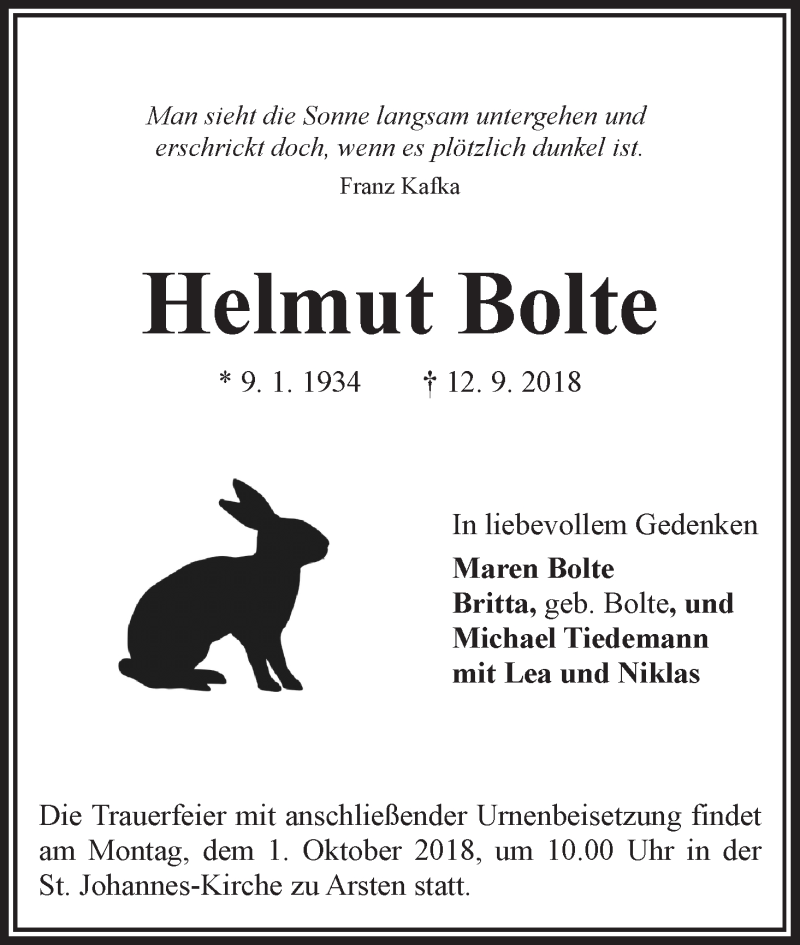 Traueranzeige von Helmut Bolte von WESER-KURIER