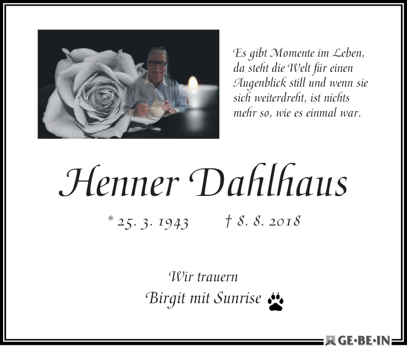 Traueranzeige von Henner Dahlhaus von WESER-KURIER