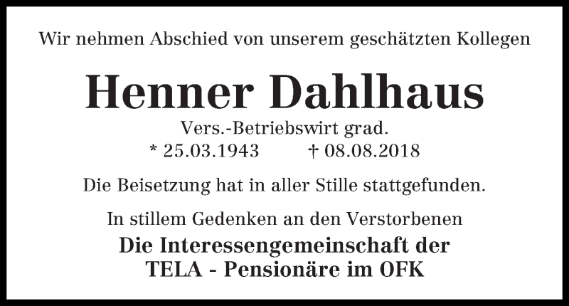 Traueranzeige von Henner Dahlhaus von WESER-KURIER