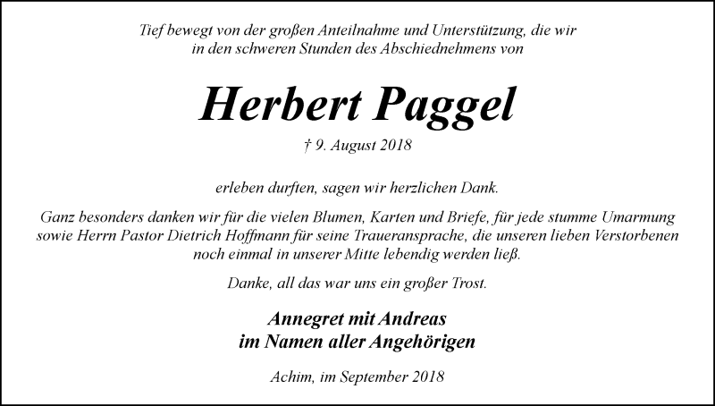 Traueranzeige von Herbert Paggel von Achimer Kurier/Verdener Nachrichten