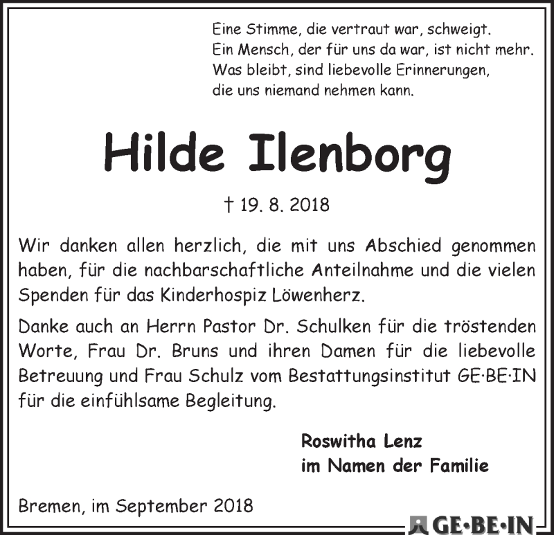 Traueranzeige von Hilde Ilenborg von WESER-KURIER