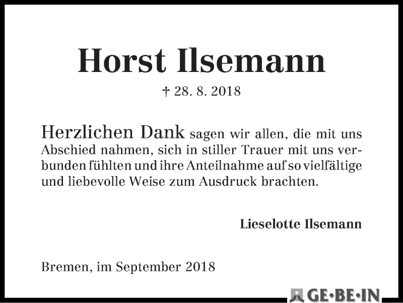 Traueranzeige von Horst Ilsemann von WESER-KURIER