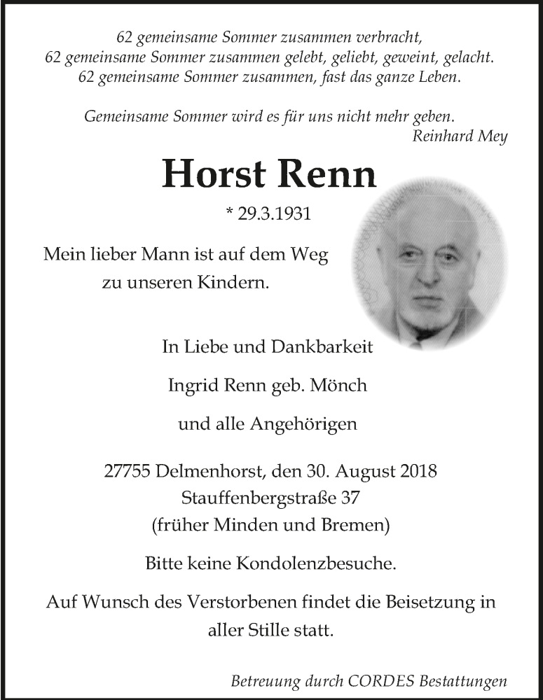 Traueranzeige von Horst Renn von WESER-KURIER