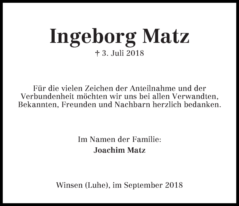 Traueranzeige von Ingeborg Matz von Die Norddeutsche