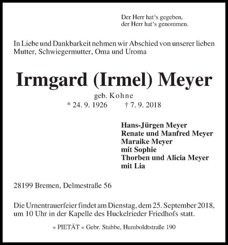 Traueranzeige von Irmgard (Irmel) Meyer von WESER-KURIER