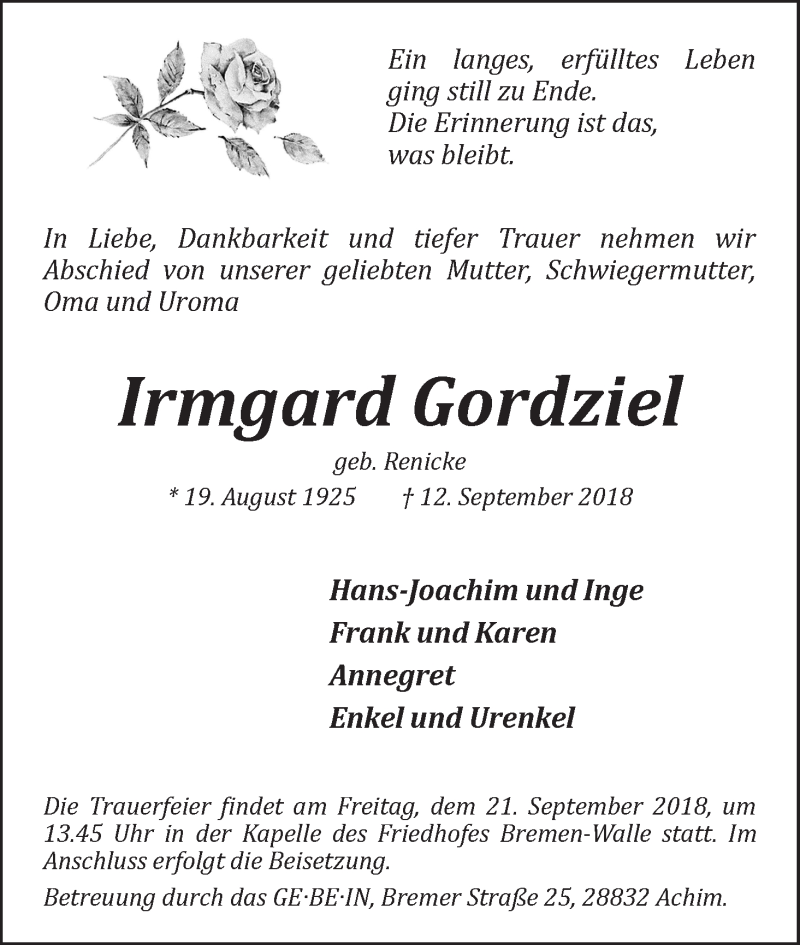Traueranzeige von Irmgard Gordziel von WESER-KURIER