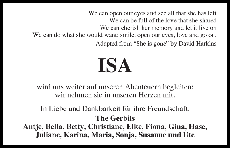 Traueranzeige von Isa Hillmann von WESER-KURIER