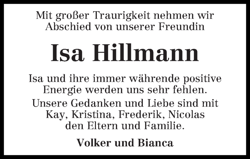 Traueranzeige von Isa Hillmann von WESER-KURIER