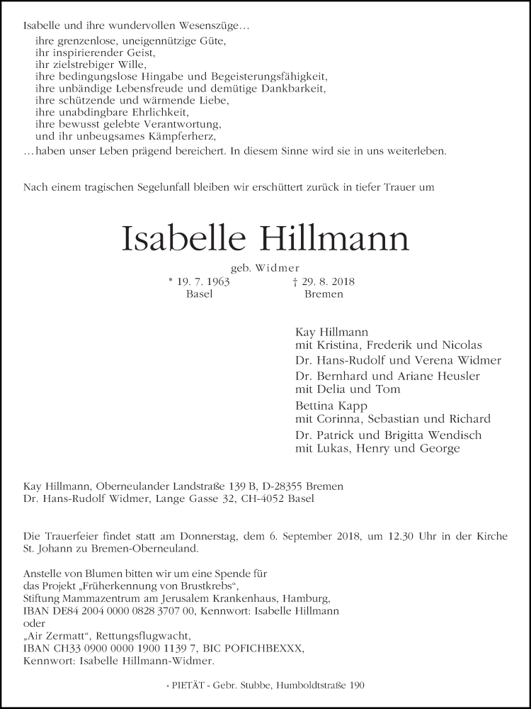 Traueranzeige von Isabelle Hillmann von WESER-KURIER