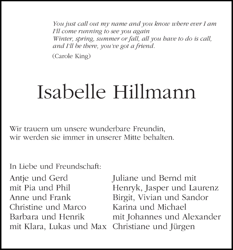 Traueranzeige von Isabelle Hillmann von WESER-KURIER