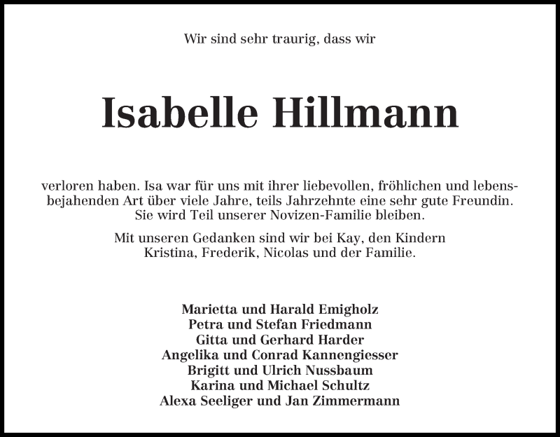 Traueranzeige von Isabelle Hillmann von WESER-KURIER