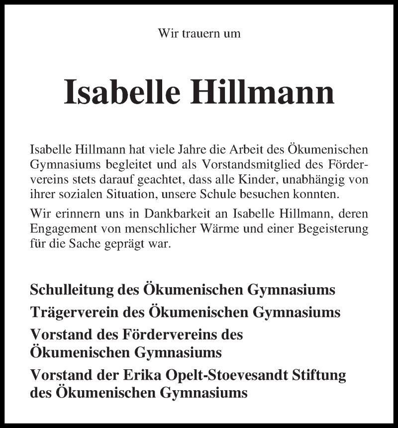Traueranzeige von Isabelle Hillmann von WESER-KURIER