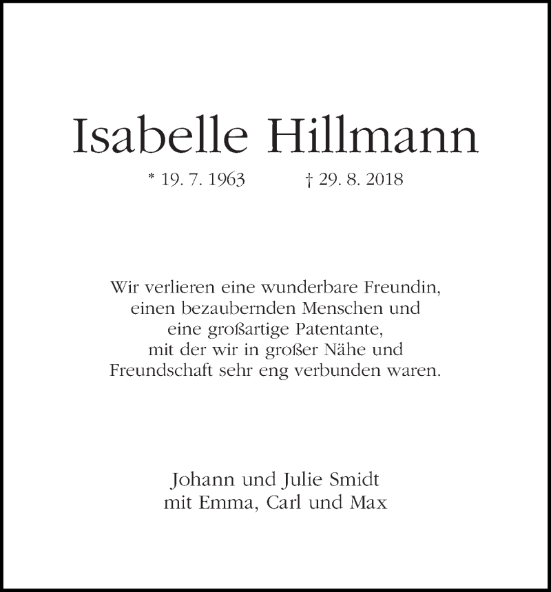 Traueranzeige von Isabelle Hillmann von WESER-KURIER