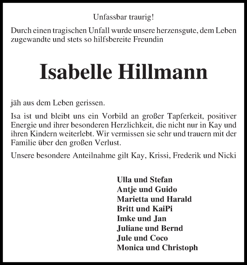 Traueranzeige von Isabelle Hillmann von WESER-KURIER