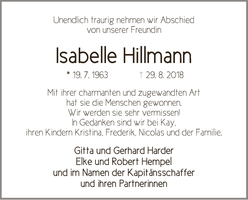 Traueranzeige von Isabelle Hillmann von WESER-KURIER