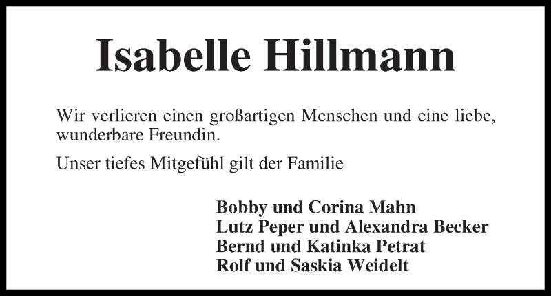 Traueranzeige von Isabelle Hillmann von WESER-KURIER