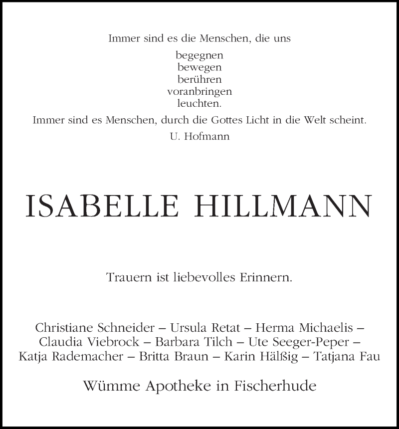 Traueranzeige von Isabelle Hillmann von WESER-KURIER